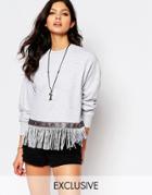 Milk It Vintage Cropped Sweatshirt With Fringing - Gray