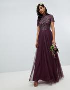 Maya High Neck Maxi Tulle Dress With Tonal Delicate Sequins In Berry - Red