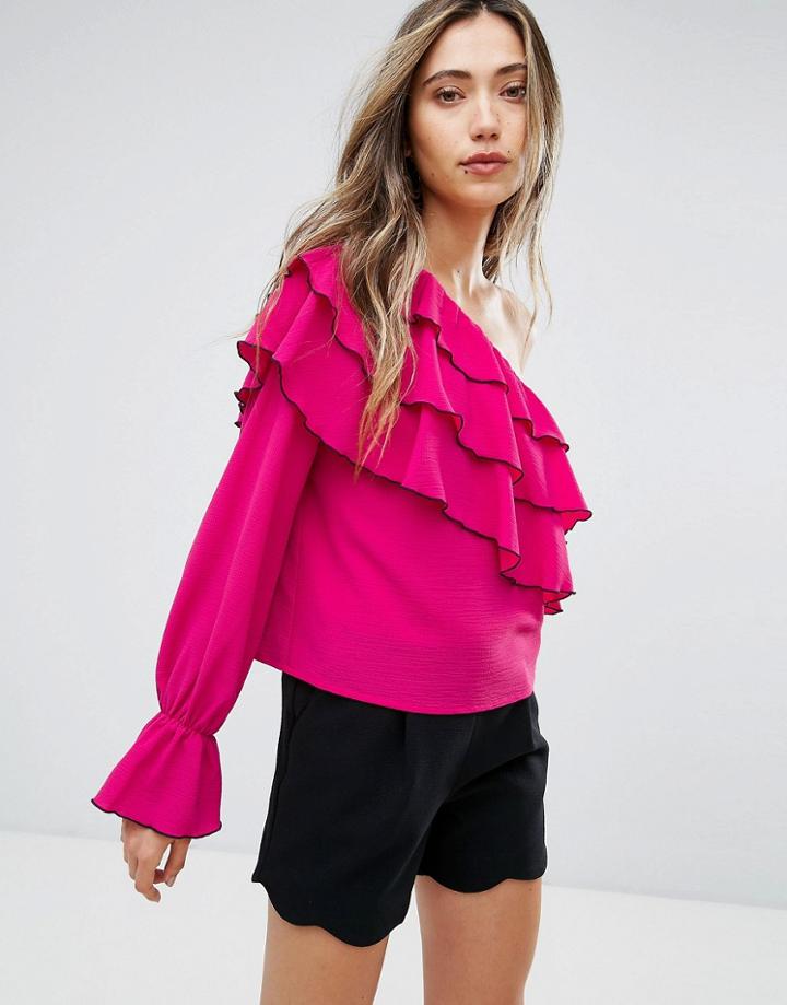 Pearl One Shoulder Ruffle Top - Pink