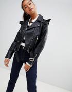 Parisian Faux Leather Jacket With Frill Detail - Black