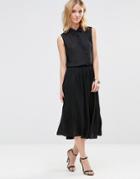Style London Midi Shirt Dress With Pleated Skirt - Black