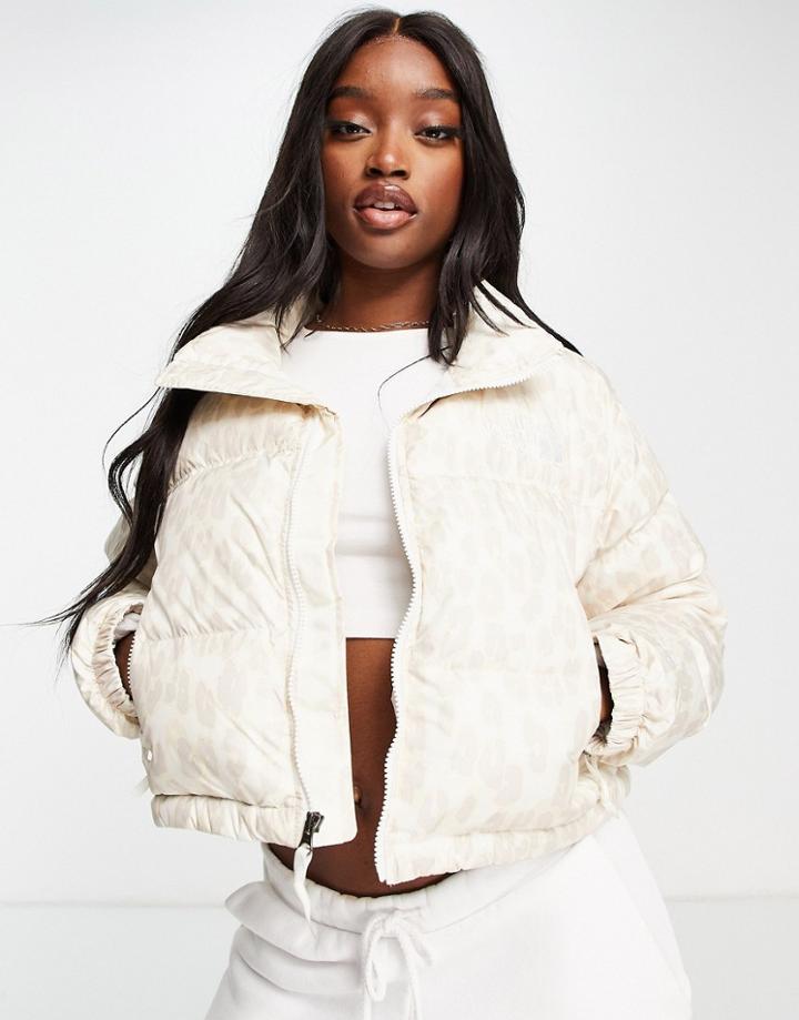 The North Face Nuptse Cropped Leopard Print Jacket In White-grey