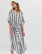 Weekday Tie Waist Midi Dress In Mono Stripe - Multi