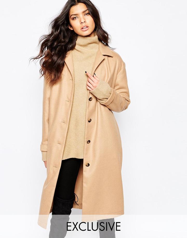 Reclaimed Vintage Button Front Coat With Belt Detail - Camel