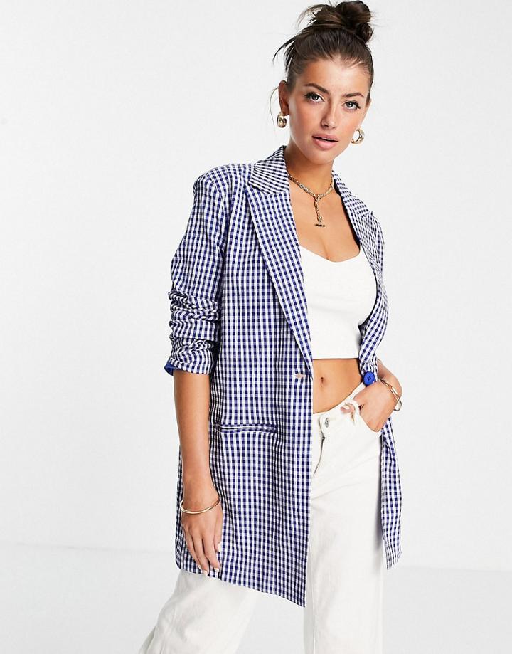 Heartbreak Longline Blazer In Blue Gingham - Part Of A Set-blues