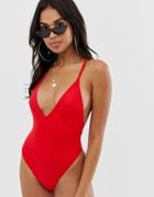 Asos Design Skinny Cross Back Swimsuit In Red - Red