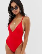 Asos Design Skinny Cross Back Swimsuit In Red - Red