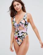Asos Fuller Bust Exclusive Spring Floral High Leg Tie Front Swimsuit Dd-g - Multi