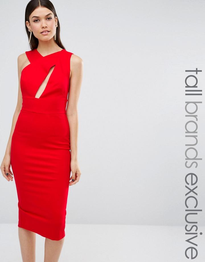 Ttya Black Talex Sleeveless Asymmetric Detail Pencil Midi Dress - Red