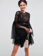 Asos Lace And Dobby Mesh Fluted Sleeve Mini Smock Dress - Black