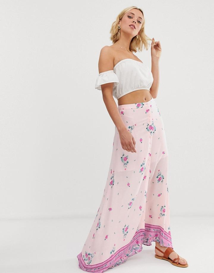 En Cr Me Floral And Border Print Maxi Skirt With Button Detail-multi