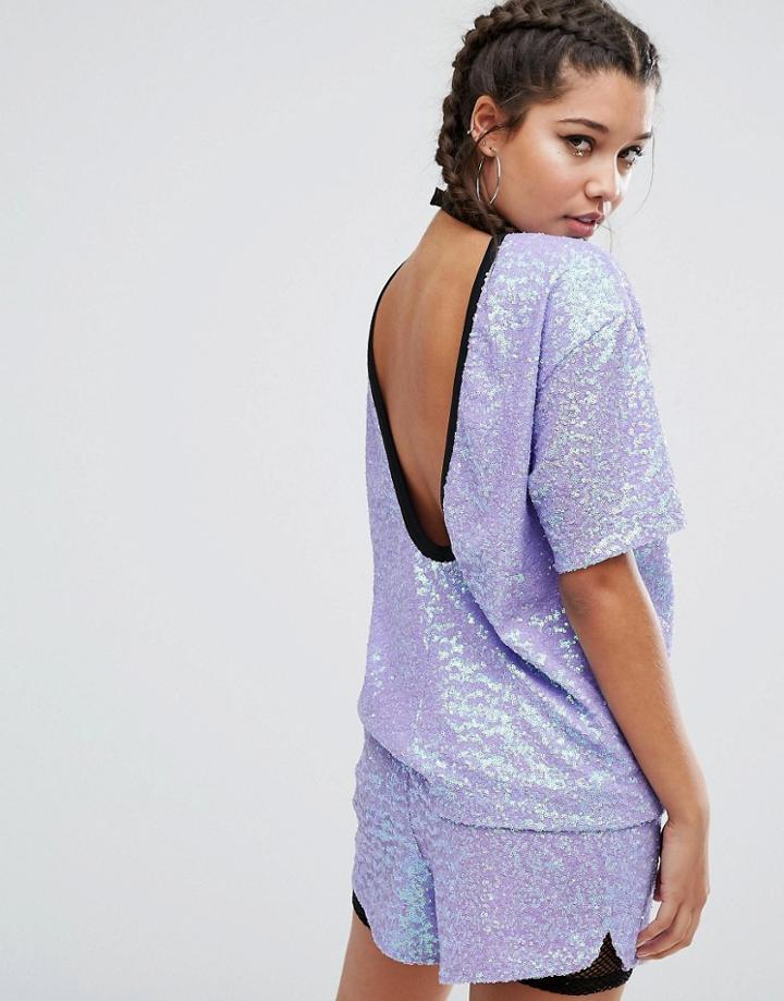 Jaded London Oversize T-shirt In Sequin With Collar Detail And Deep Sc