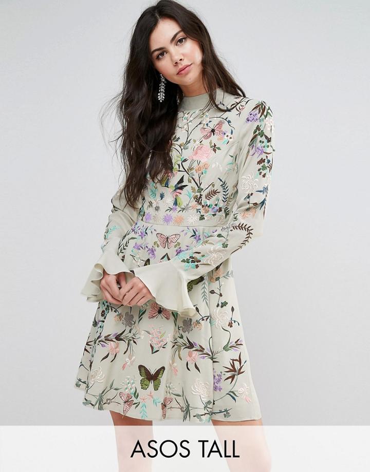 Asos Tall Embroidered Fluted Sleeve Skater Mini Dress - Multi