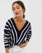 Only Vertical Stripe Wide V Neck Sweater - Navy