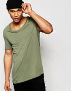 Asos Longline T-shirt With Stretch Neck And Dropped Hem In Green - Burnt Olive