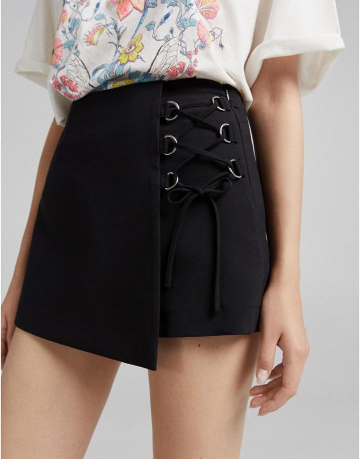 Bershka Ring Detail Mini Skort In Black