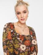 Miss Selfridge 70s Floral Long Sleeve Square Neck Frill Top-multi