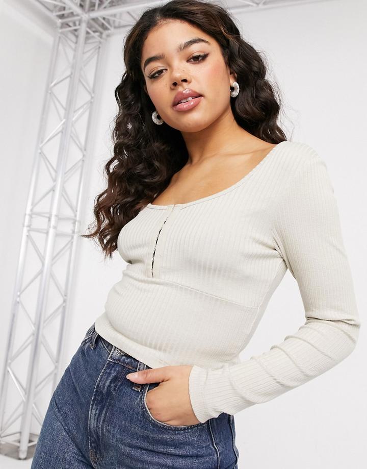Only Ribbed Long Sleeve Top With Hook And Eye Front In Cream-white