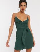 Asos Design Cami Wrap Mini Dress With Tie Waist-green