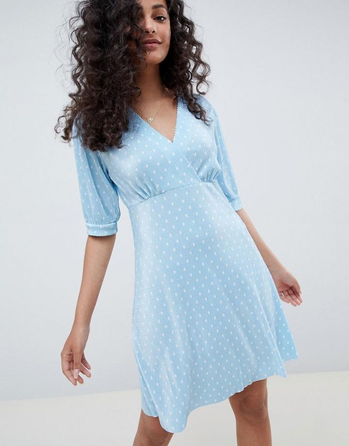 Asos Design Polka Dot Plisse Mini Tea Dress - Blue