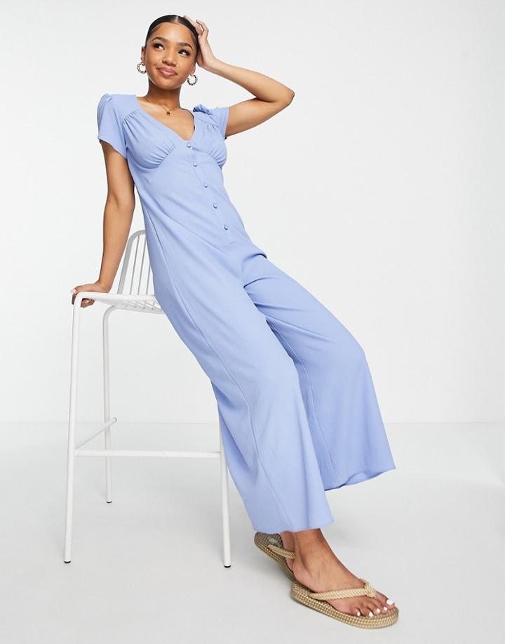 Asos Design Bubble Crepe Cap Sleeve Tea Button Front Jumpsuit In Light Blue