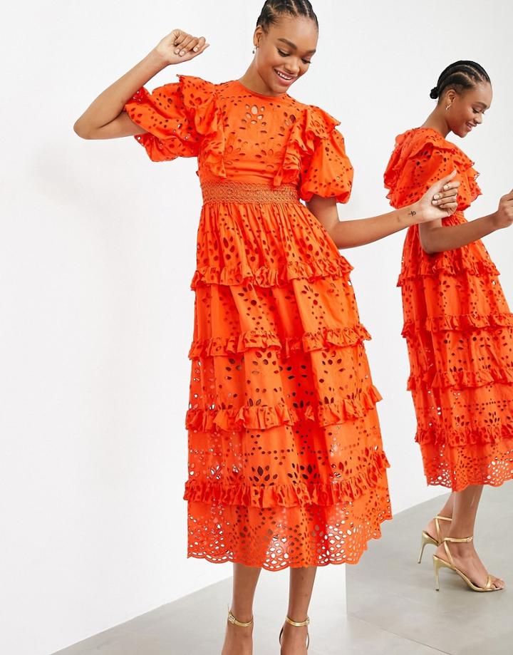 Asos Edition Tiered Eyelet Midi Dress With Ruffle