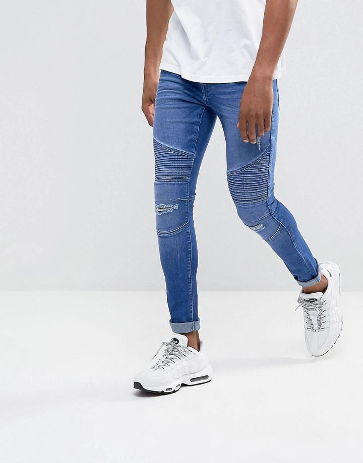 Dml Jeans Super Skinny Spray On Biker Jeans With Rips In Mid Blue - Blue