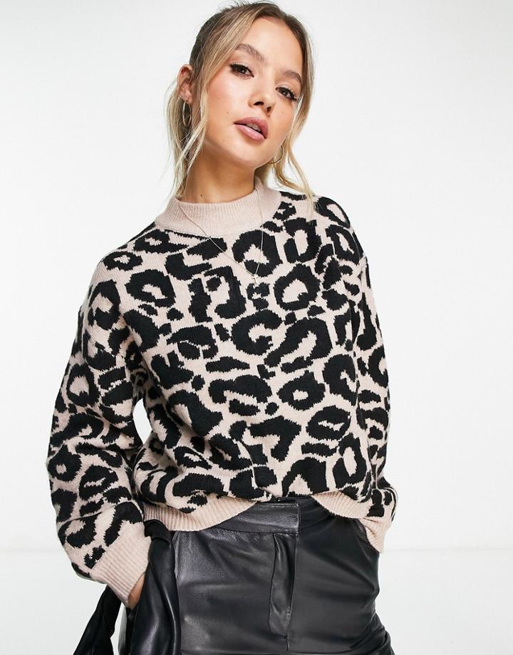 Urban Bliss Balloon Sleeve Leopard Sweater In Beige-brown