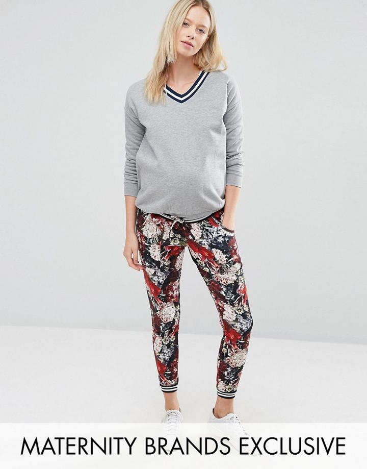 Bluebelle Maternity Floral Print Cuff Leg Jogger With Varsity Trim - Multi