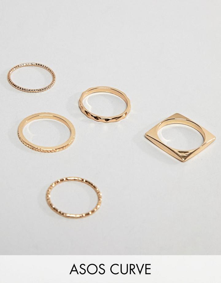 Asos Design Curve Pack Of 5 Rings In Engraved And Cut Out Square Design In Gold - Gold