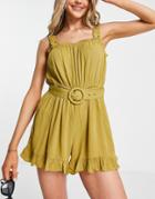 River Island Belted Frill Beach Romper In Khaki-green