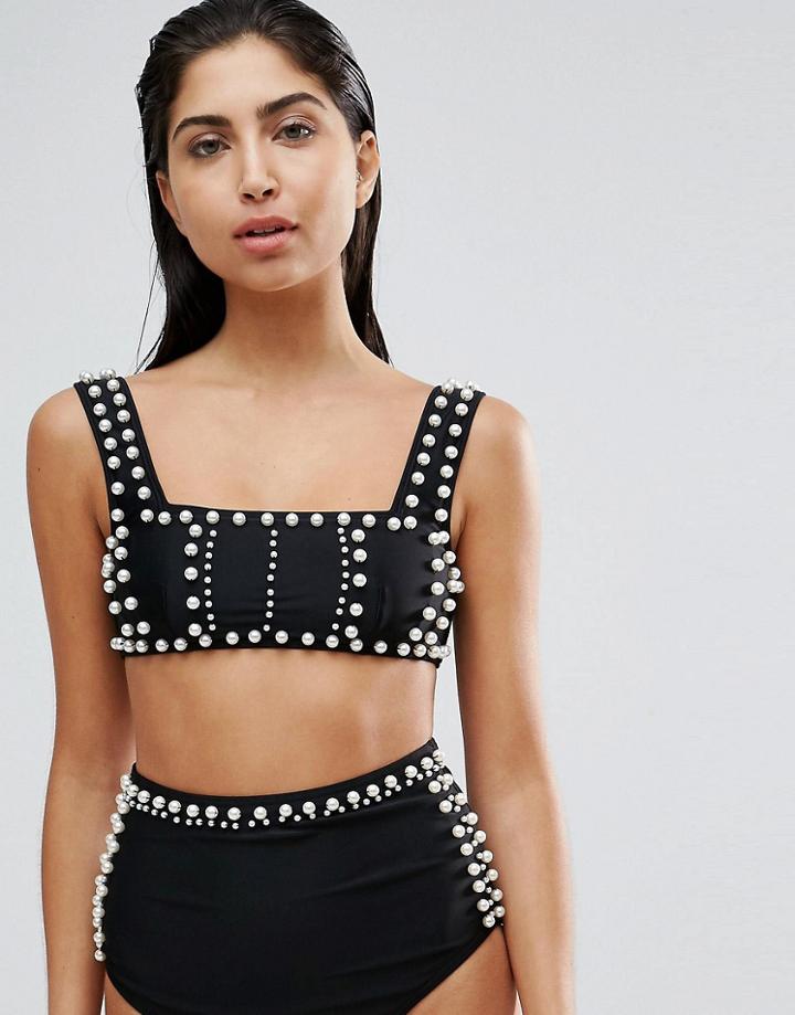 Asos Faux Pearl Crop Bikini Top - Black