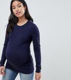 Asos Design Maternity Long Sleeve Crew Neck T-shirt With Bump Ruching In Navy - Navy