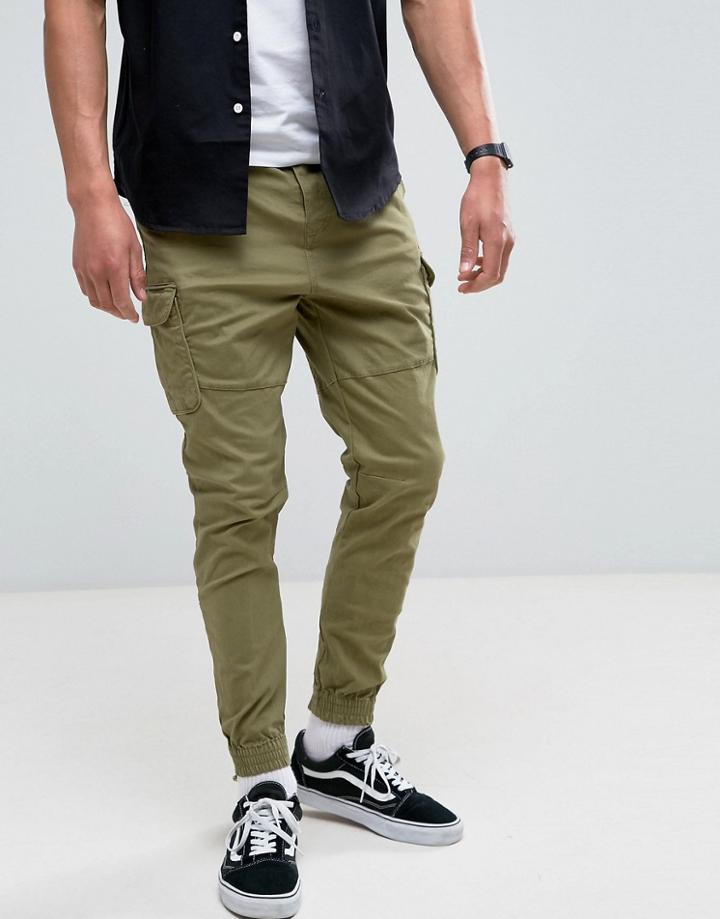 Pull & Bear Cuffed Cargo Jogger In Khaki - Green
