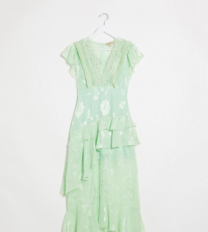 Dark Pink Plunge Front Maxi Dress With Lace Detail And Short Sleeve In Mint Green-blues