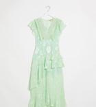 Dark Pink Plunge Front Maxi Dress With Lace Detail And Short Sleeve In Mint Green-blues