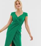 City Goddess Tall Bardot Wrap Over Pencil Midi Dress-green
