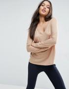 Asos V-neck Long Sleeve T-shirt In Linen Mix Fabric - Brown