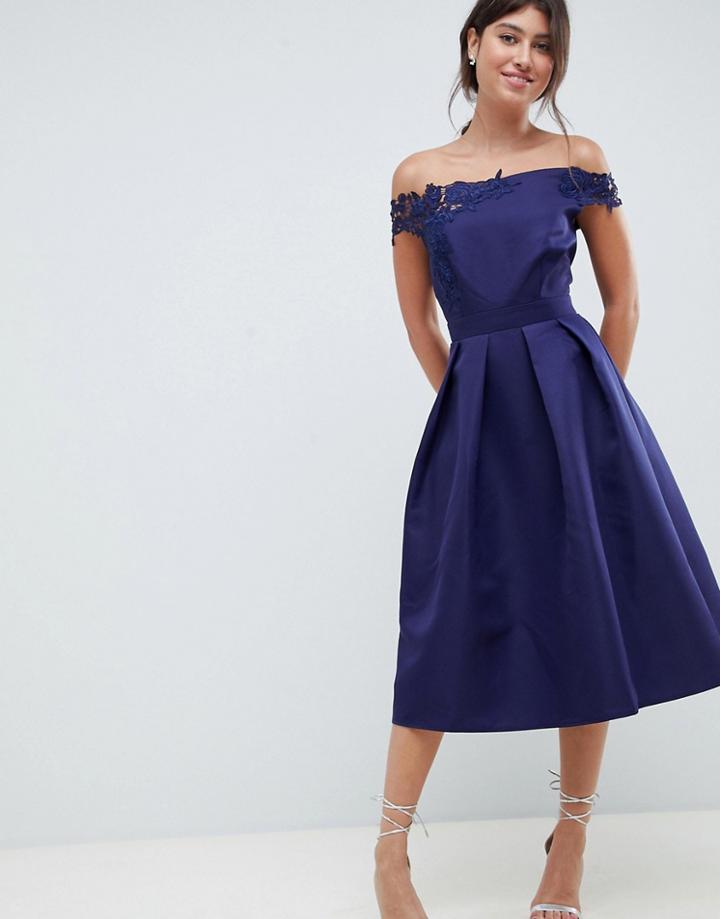 Little Mistress Bardot Full Prom Midi Dress With Applique-navy