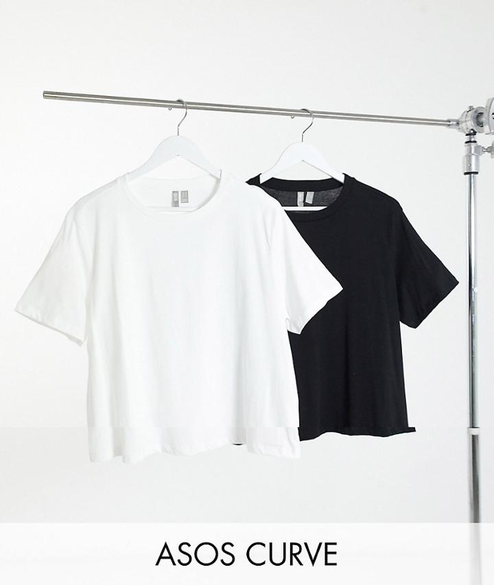Asos Design Curve Ultimate Organic Cotton T-shirt With Crew Neck 2 Pack Save In Black & White-multi