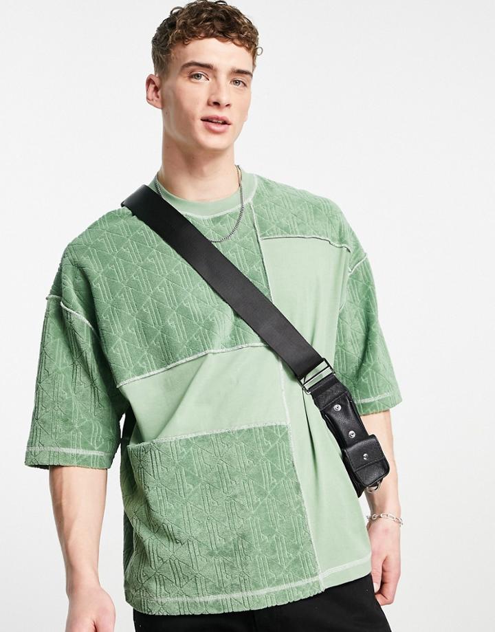 Asos Design Oversized T-shirt In Green Color Block In Toweling Mix