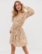 Asos Design Mini Wrap Front Dress With Statement Sleeve In Ditsy Print - Multi