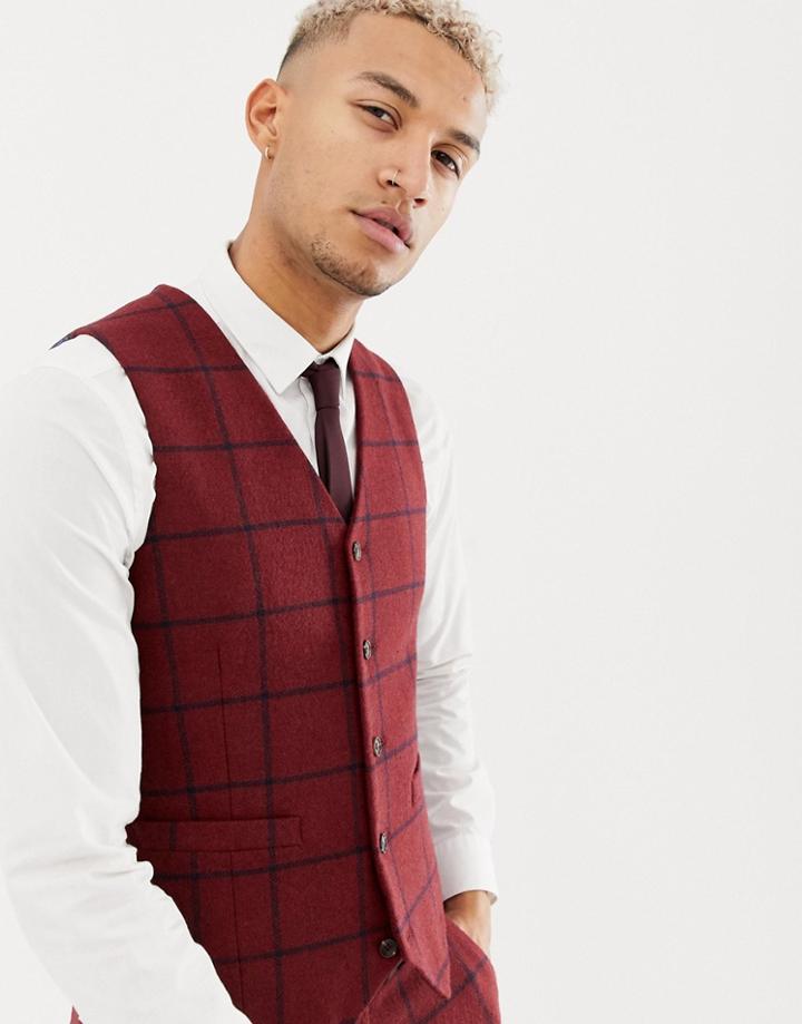 Asos Design Skinny Suit Vest In Burgundy Wool Mix Check - Red
