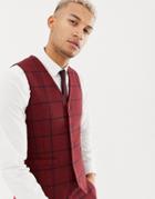 Asos Design Skinny Suit Vest In Burgundy Wool Mix Check - Red