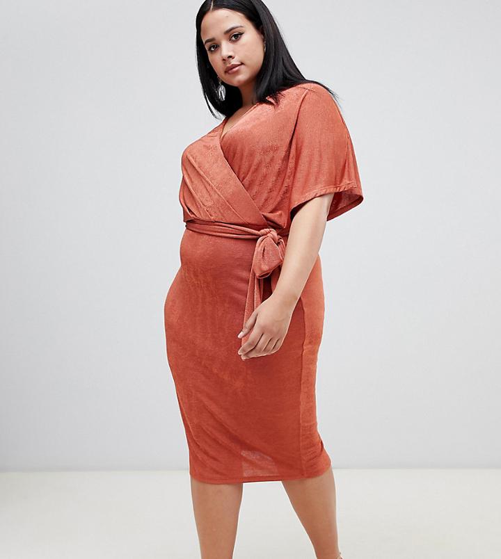 Asos Design Curve Exclusive Slinky Wrap Tie Belt Midi Dress-brown