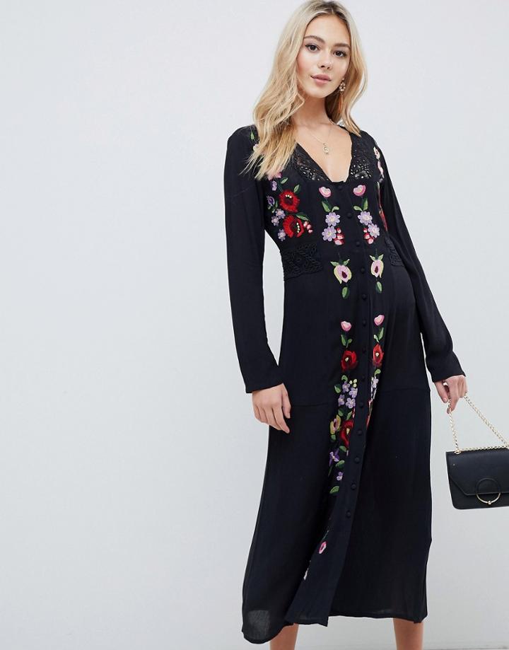 Asos Design Embroidered Maxi Dress - Black