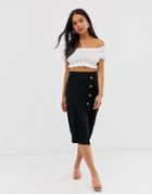 New Look Side Button Down Midi Skirt In Black - Black
