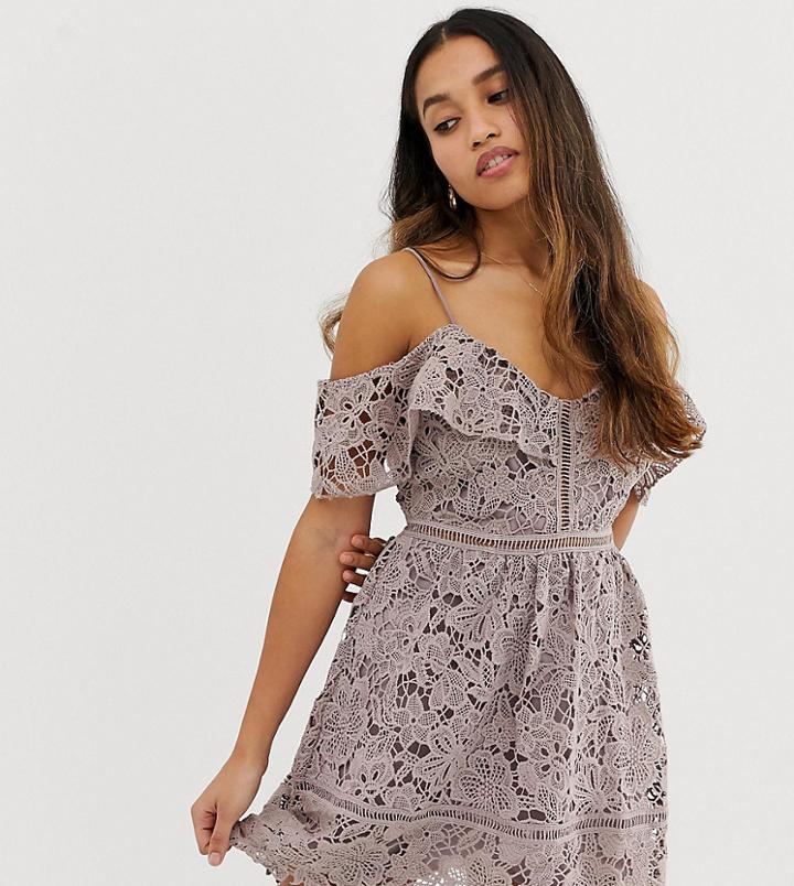 New Look Petite Lace Cold Shoulder Mini Dress-purple