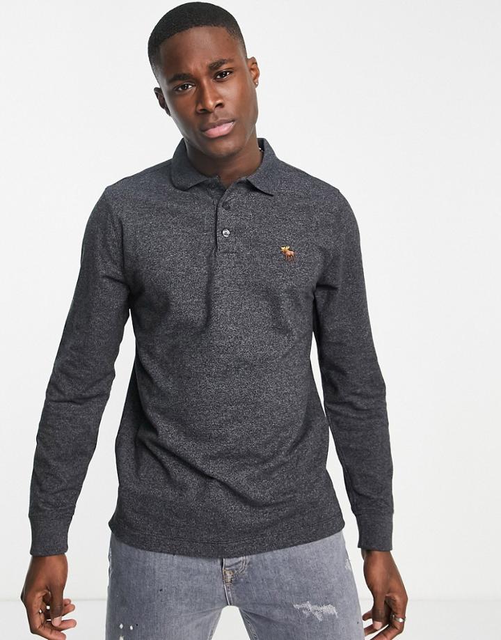 Abercrombie & Fitch Core Icon Logo Long Sleeve Polo In Black Heather