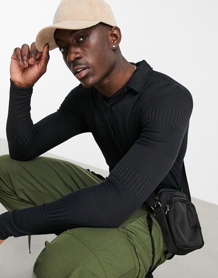 Asos Design Muscle Fit Long Sleeve Polo In Fancy Rib In Black